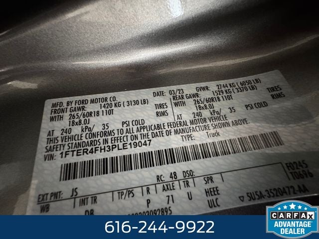 2023 Ford Ranger Lariat 2.3 Liter EcoBoost Turbocharged Crew Cab 4WD