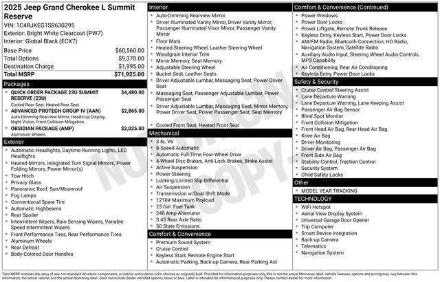 2025 Jeep Grand Cherokee L Summit 3.6 Liter V6 4WD